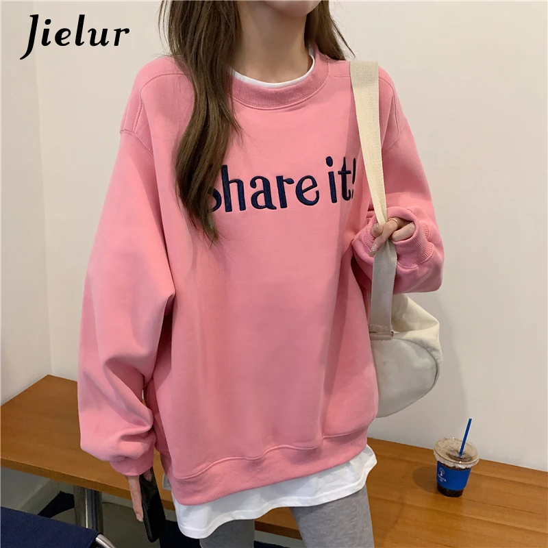 

Korean Fashion Fake Two Pieces Women's Sweatshirt Pink Gray Hoodies Female Casual Letter Embroidered Loose Pullover M-XL Size