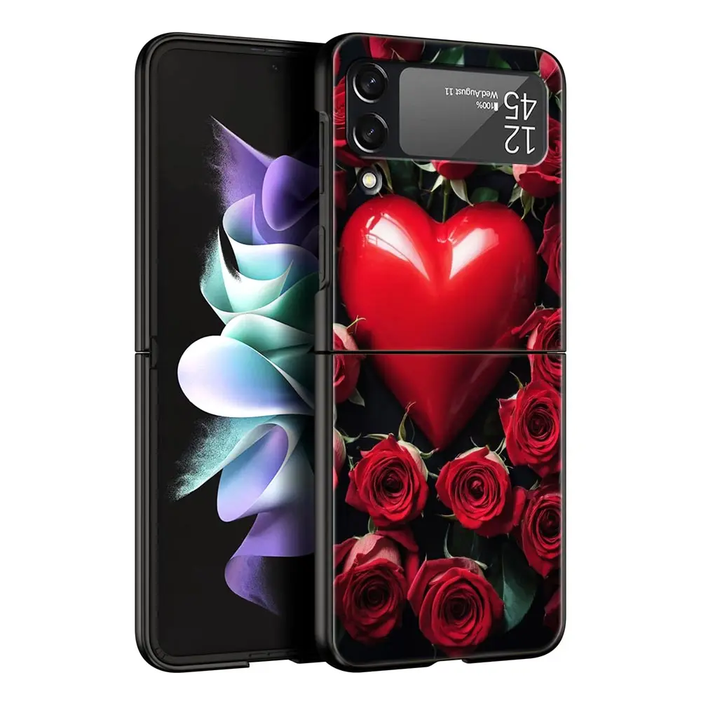 Elegant Red Rose Floral Phone Case - Black Hard Folding Cover