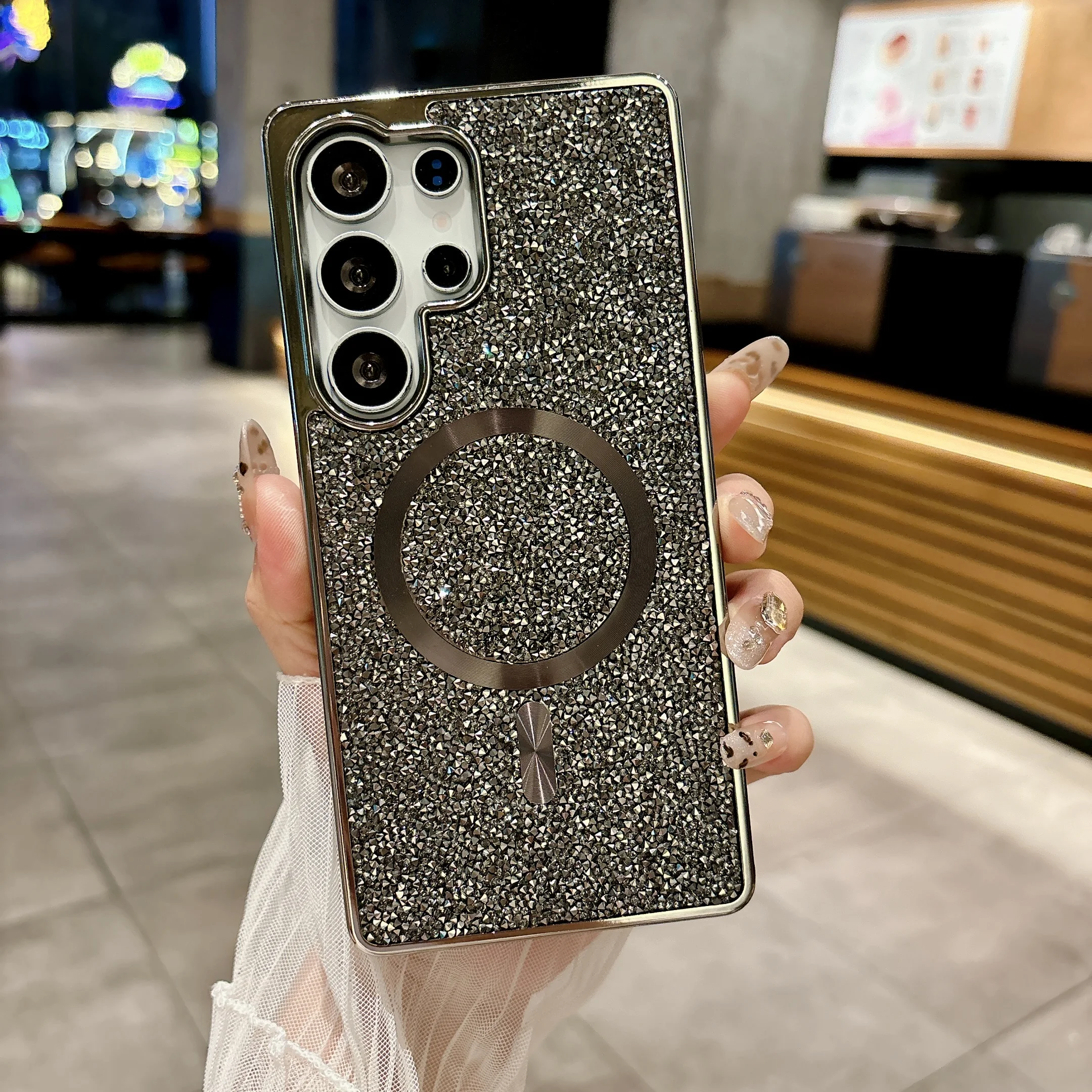 Luxury Bling Diamond Plating Phone Case with Wireless Charging and Magnetic Glitter Finish