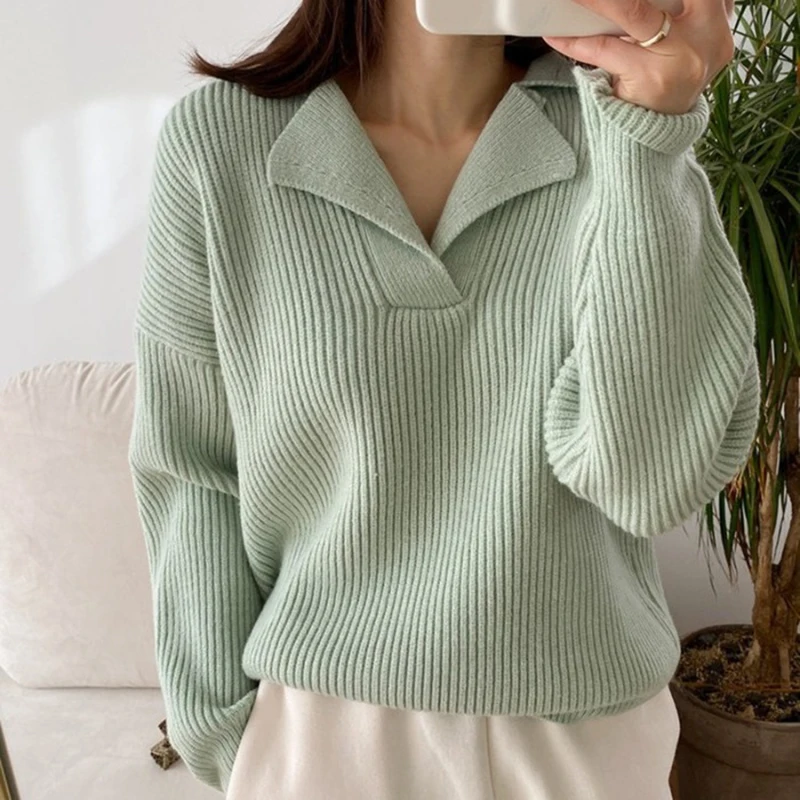 

Autumn Winter Lapel Knitted Pullover Sweaters Vintage Casual Simple Women Sweater Long Sleeve loose Jumper Pit Striped Top 29290