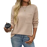 Women Fashion Solid Color Waffle Fabric Sweatshirt Single Pocket Patchwork O Neck Pullover Hoodie Female Autumn Long Sleeve Tops 1