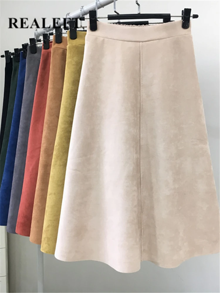 REALEFT New 2022 Autumn Winter Women Suede Midi Skirts High Waist Multi Color Elegant A-Line Skirts Umbrella Ladies Skirt Female converse one star pro vintage suede seasonal color cyber grey a02948c one star pro vintage suede seasonal color a02948c