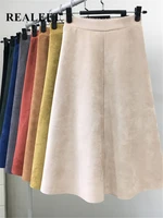 REALEFT New 2025 Autumn Winter Women Suede Midi Skirts High Waist Multi Color Elegant A-Line Skirts Umbrella Ladies Skirt Female