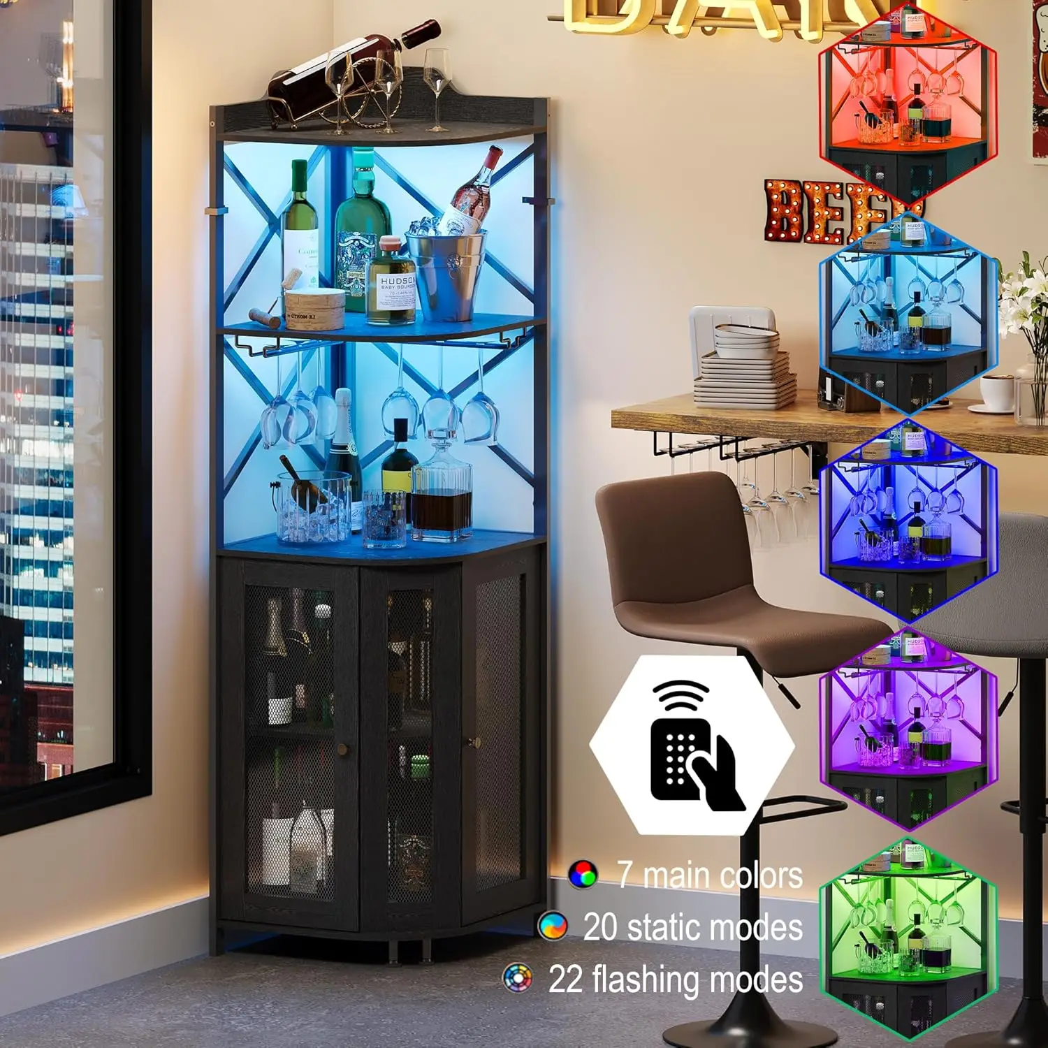 Industrial Corner Bar Cabinet with LED Lights, 5-Tier Wine Storage with Glass Holder and Door, Black Home Bar Furniture