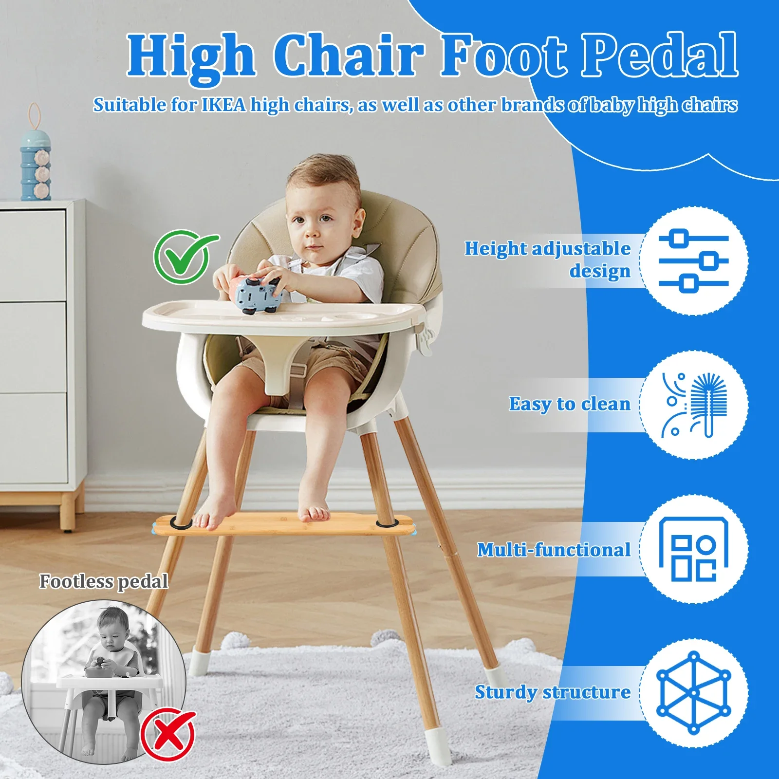 High Chair Footrest Bamboo Infant Seat Foot Rest Non-slip Stable Baby Adjustable Highchair Kids Furniture Accessories - 2