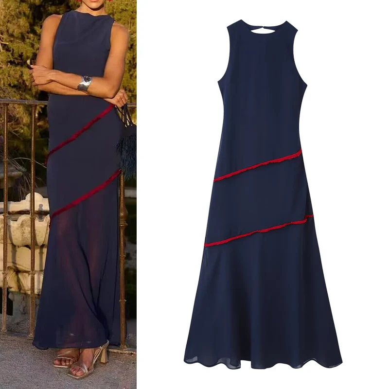 Summer O-neck Sleeveless Patchwork Contrasting Tassel Decoration Long Dress Women Backless Chiffon Hem Dress Female Sexy Wear Summer O-neck Sleeveless Patchwork Contrasting Tassel Decoration Long Dress Women Backless Chiffon Hem Dress Female Sexy Wear
