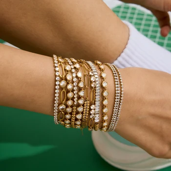 Youthway Versatile Casual Gold Plated Stainless Steel Geometric Rhinestone Tennis Chain Bracelet Necklace Set Sporty Accessories 1