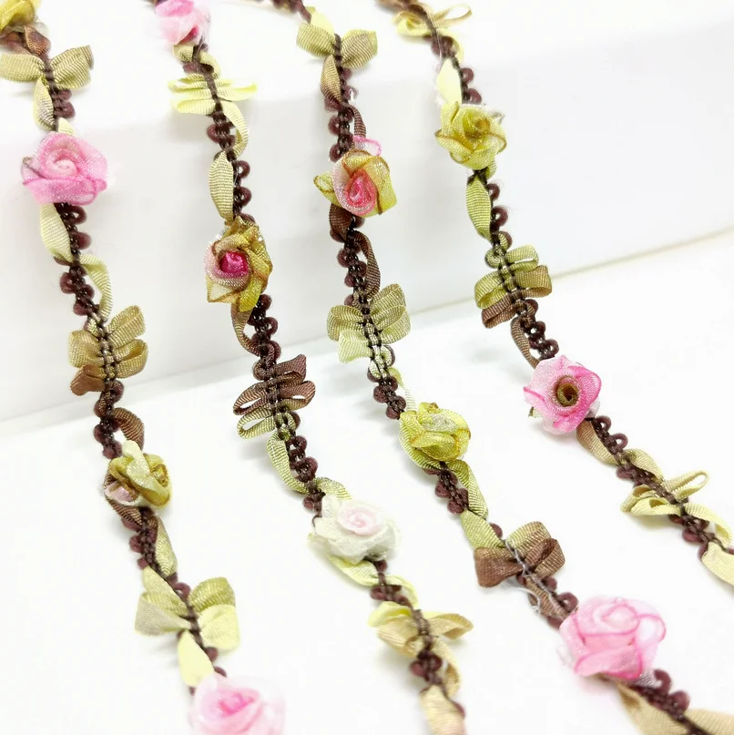 2 Yards Woven Rococo Ribbon Trim with Rose Flower Buds Decorative Floral Ribbon Scrapbook Materials Clothing Craft Supplies