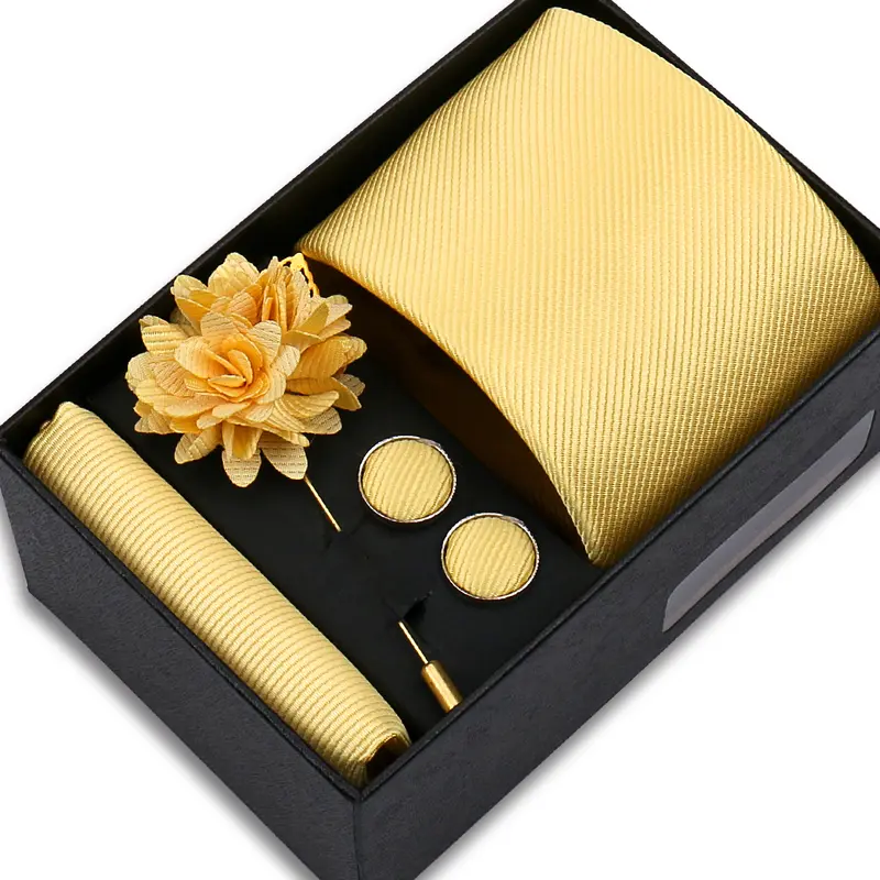Top Quality Solid color Ties Hanky Cufflinks Brooch Set Elegant Jacquard Necktie For Men Business Wedding In Gift Box Gravatas - Image 26