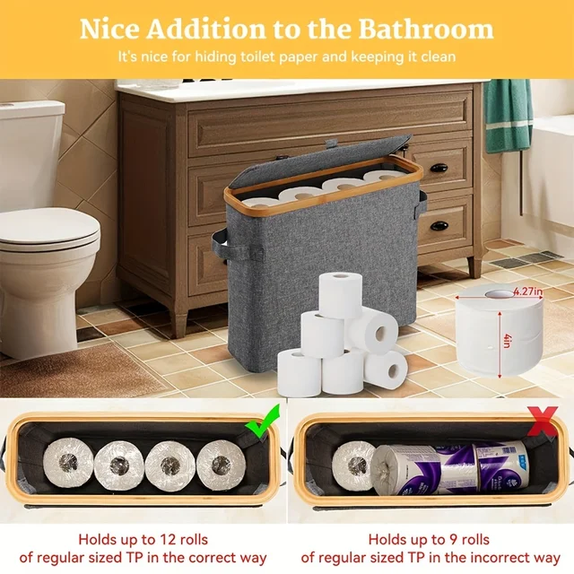 Porte-papier hygiénique en bambou avec couvercle - Organisateur de salle de bain autonome avec poignée, boîte de rangement de mouchoirs fermée 6