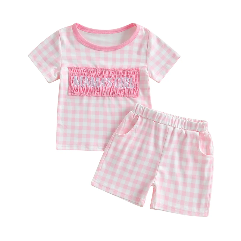 Kids Summer 2 Piece Outfits Short Sleeve O Neck Letter Embroidery Tops Plaid Shorts Sets