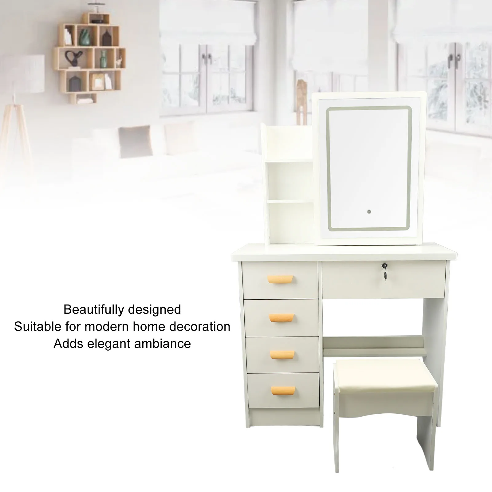 Makeup Table Dressing Table Modern Multi Functional Lighted Mirror Vanity Desk with Drawers Shelves Padded Stool for Bedroom 2