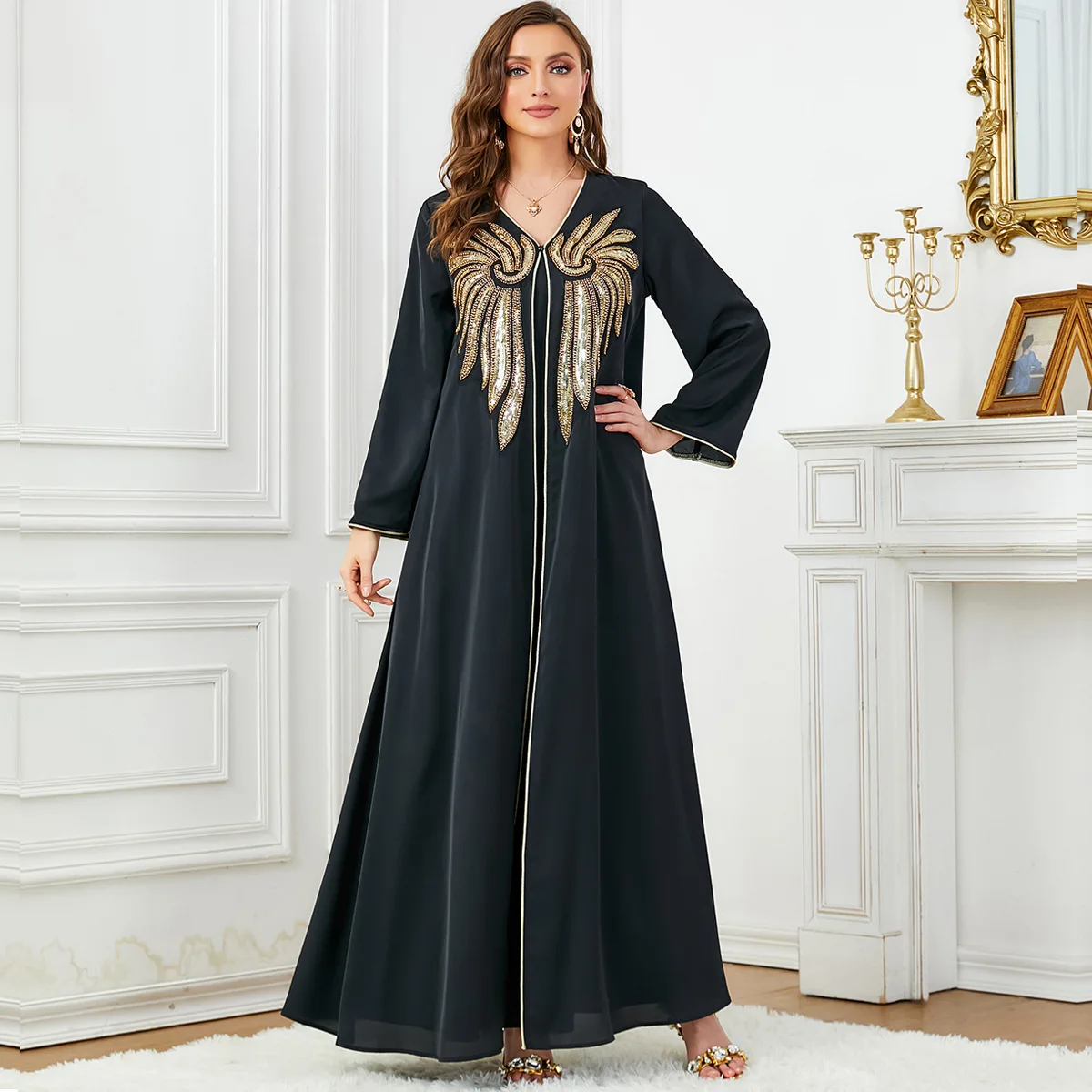 Black 2 Piece Abaya Set Dubai Moroccan Islamic Dress Chic Sequins Full Sleeve Jalabiyat Robe Ramadan Femme Musulmane