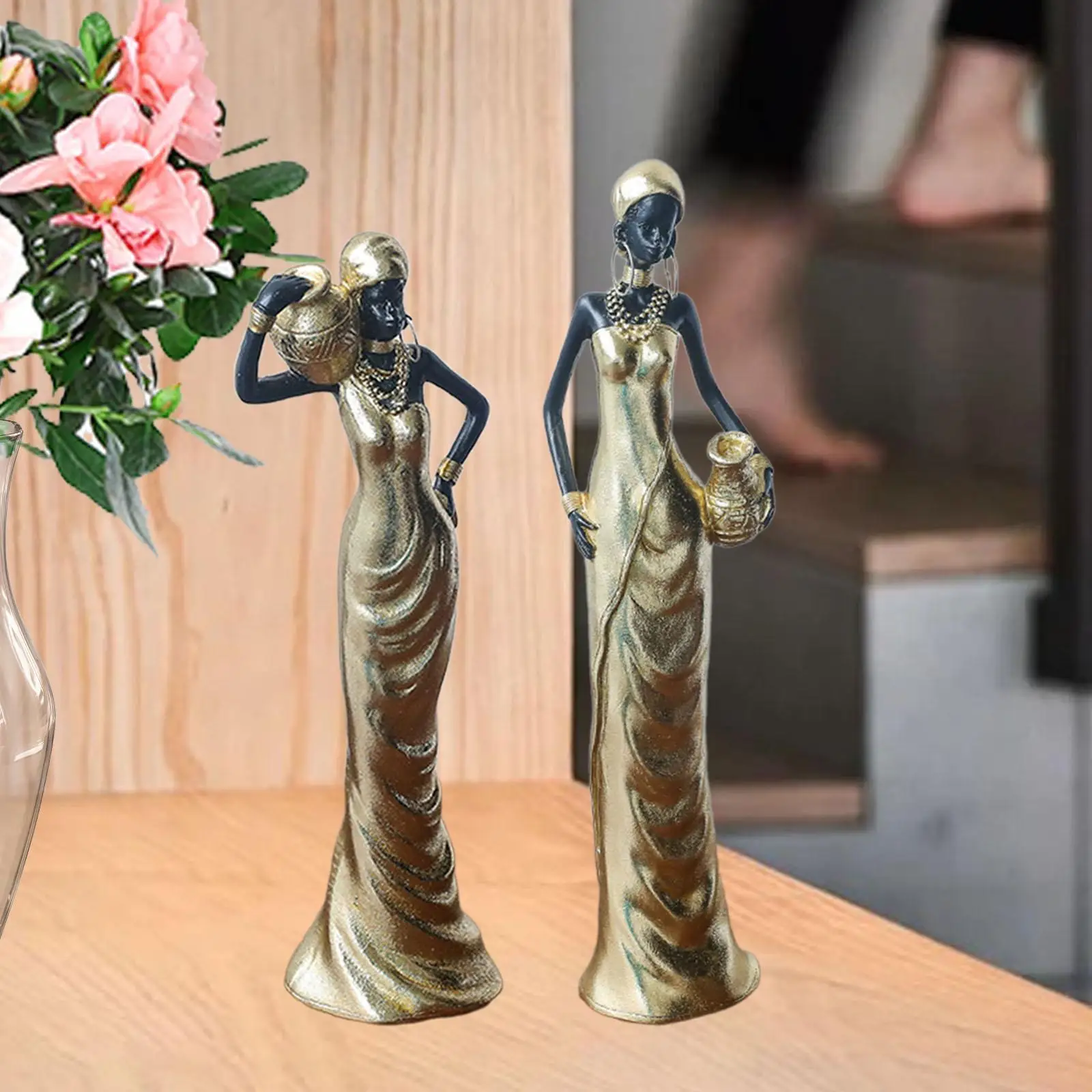 African Sculpture Tabletop Ornament Resin Women Figure Decorative Figurine for Entrance Table Centerpiece Housewarming Gift