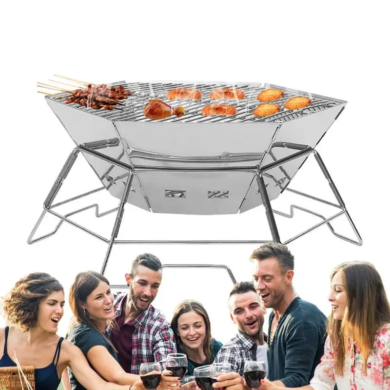 

Portable Camping Fire Pit Foldable Wood Burning Charcoal Grill Outdoor Hexagonal Camping Fire Pits Collapsible Backpacking Stove