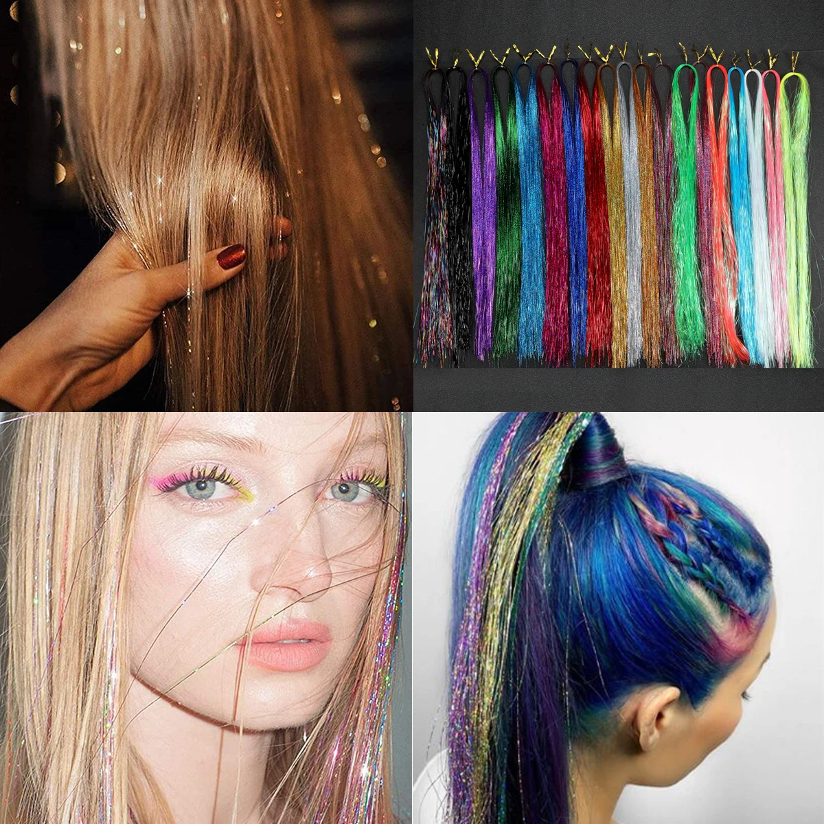 1Pcs 180Strands 20 Colors Sparkling Shiny Tinsel Hair Extensions Colorful Holographic Hair Tinsel