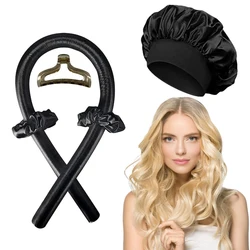 Satin Heatless Curling Set: Soft Curlers & Sleeping Bonnet for Effortless Waves (Black with cap)