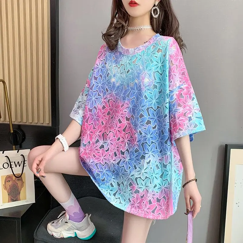 Summer New Round Neck Fashion Short Sleeve T-Shirts Women High Street Casual Loose Pullovers Hollow Out Tie Dye All-match Tops