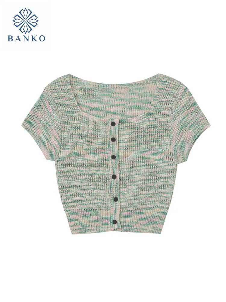 

Женский укороченный топ с квадратным вырезом, Летающий топ с коротким рукавом и пуговицами в японском стиле, полосатые футболки, милые летние футболки