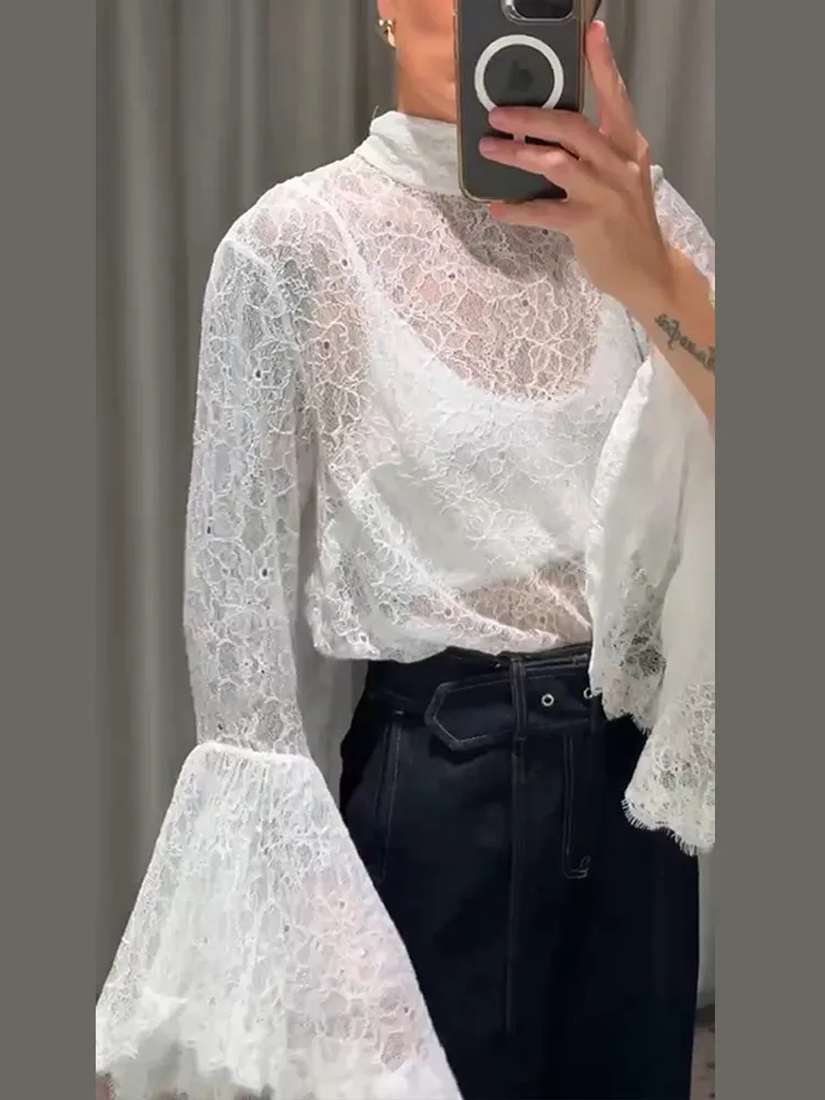 Transparente Spitze Flare Sleeve Shirts Frauen Sexy Aushöhlen Lange Ärmel Spitze-Up Durchsichtig Solide Tops Charming Damen partywear – Detail 12