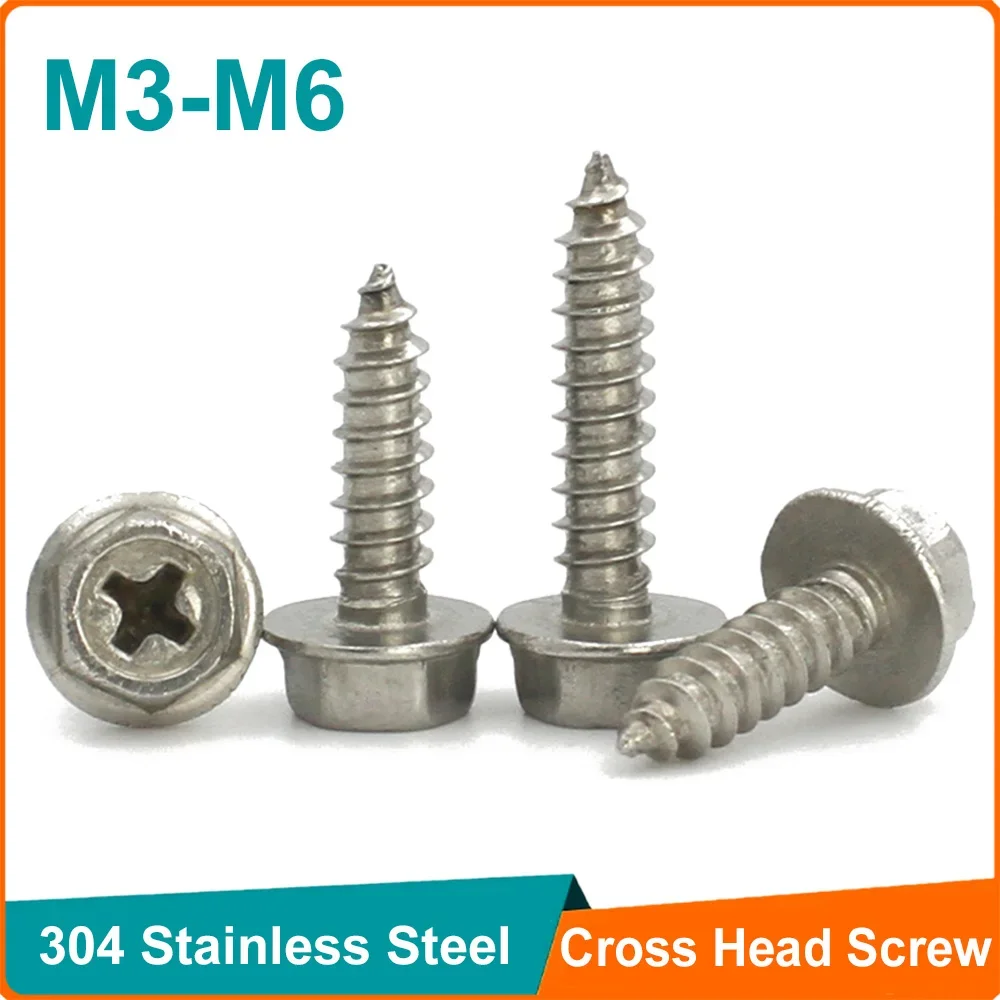 10-50pcs 304 Stainless Steel M3 M4 M5 M6 Self-Tapping Phillips Hex Screw Cross Hexagonal Flange Cross Head Screws Wood Nail self tapping screw kit self tapping screw tapping screws cross phillips screw stainless steel screw phillips head screw cross round head screw