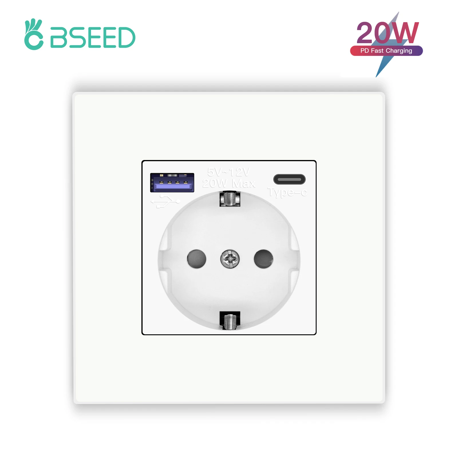 Bseed-tomada de Parede Única com Usb tipo c Porta de Carga Rápida do Telefone 20w Plugues Triplos Painel de Plástico Quatro Tomadas Frame
