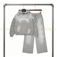 Ensemble sweat à capuche et pantalon gris délavé vintage, survêtement ample imprimé ARIRANG, streetwear décontracté pour le quotidien et le sport 2