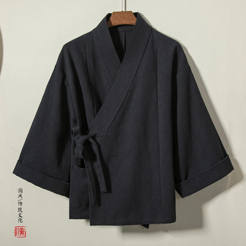 Hanfu Men Cotton Linen Jacket Kimono Kongfu Coat Mens Retro Cardigan Outwear Male Open Stitch Jacket Chinese Style Tops