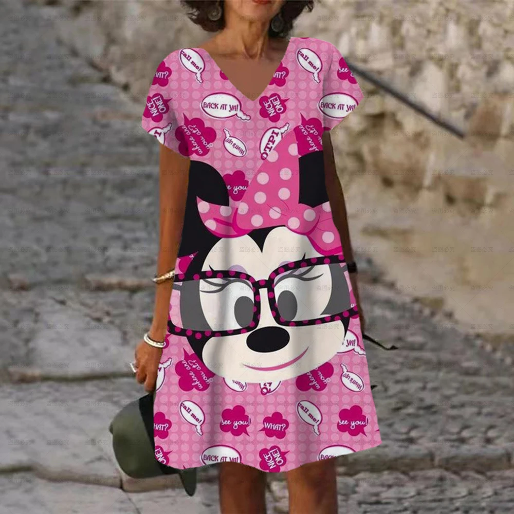 2025 Summer Elegant Women's Disney Minnie Mickey Mouse Printed Dress V Neck Female Short Sleeves Knee Length New Design Dress 4