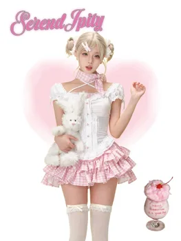 Summer Japanese Kawaii Lolita Elegant 2 Piece Sets Women Pink Y2k Bow Design Mini Skirt Suit Female Princess Sweet Chic Outfits 1