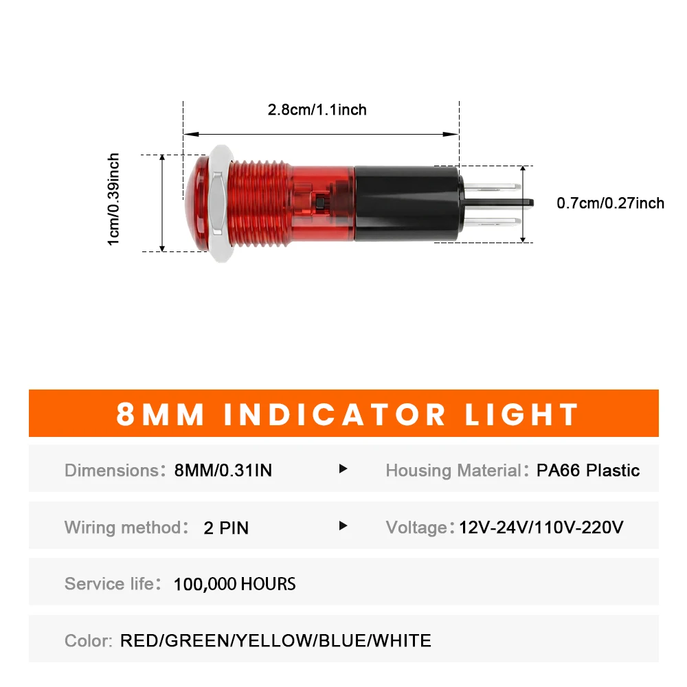 FILN 10PCS 8mm IP67 방수 LED 표시등 12-24V 2핀 마운트 경고등 자동차 해양 보트 산업 제어 대시보드용