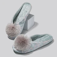 Satin Embroidery Flat Slippers Women Fashion Hairball Decoration Designer Shoes Cozy Lightweight Indoor Non-Slip Cotton Slippers - Image 3