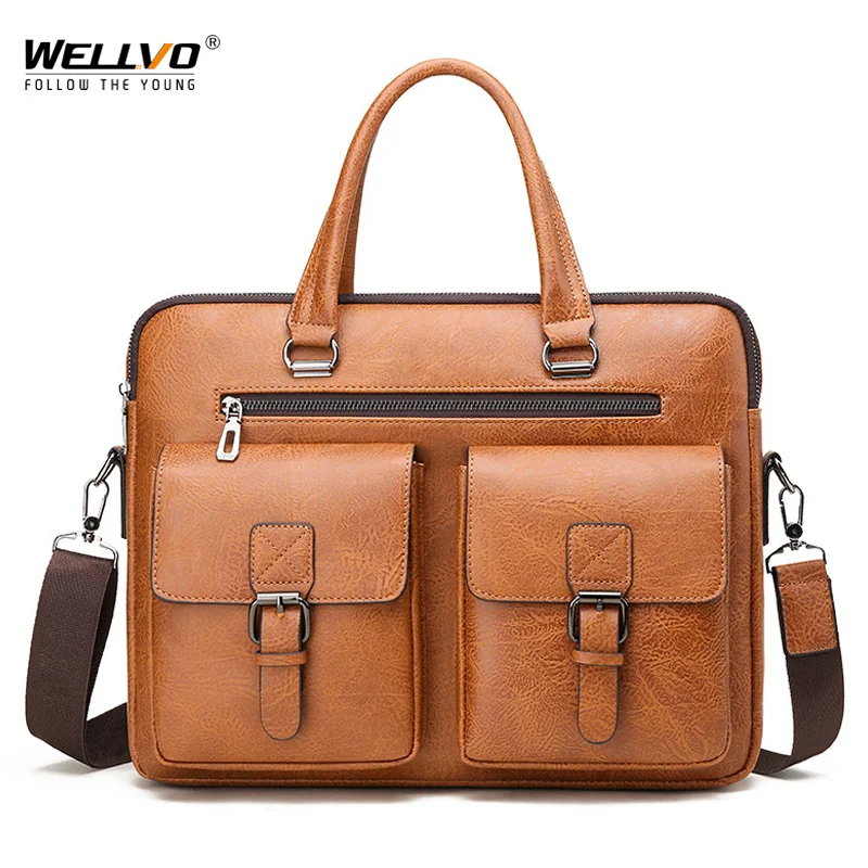 

Men's PU Leather Briefcase 14 Inch Laptop Handbag Business Male Shoulder Bag Office Travel Messenger Bags Bolsa Brown XA356C