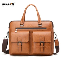 Men's PU Leather Briefcase 14 Inch Laptop Handbag Business Male Shoulder Bag Office Travel Messenger Bags Bolsa Brown XA356C