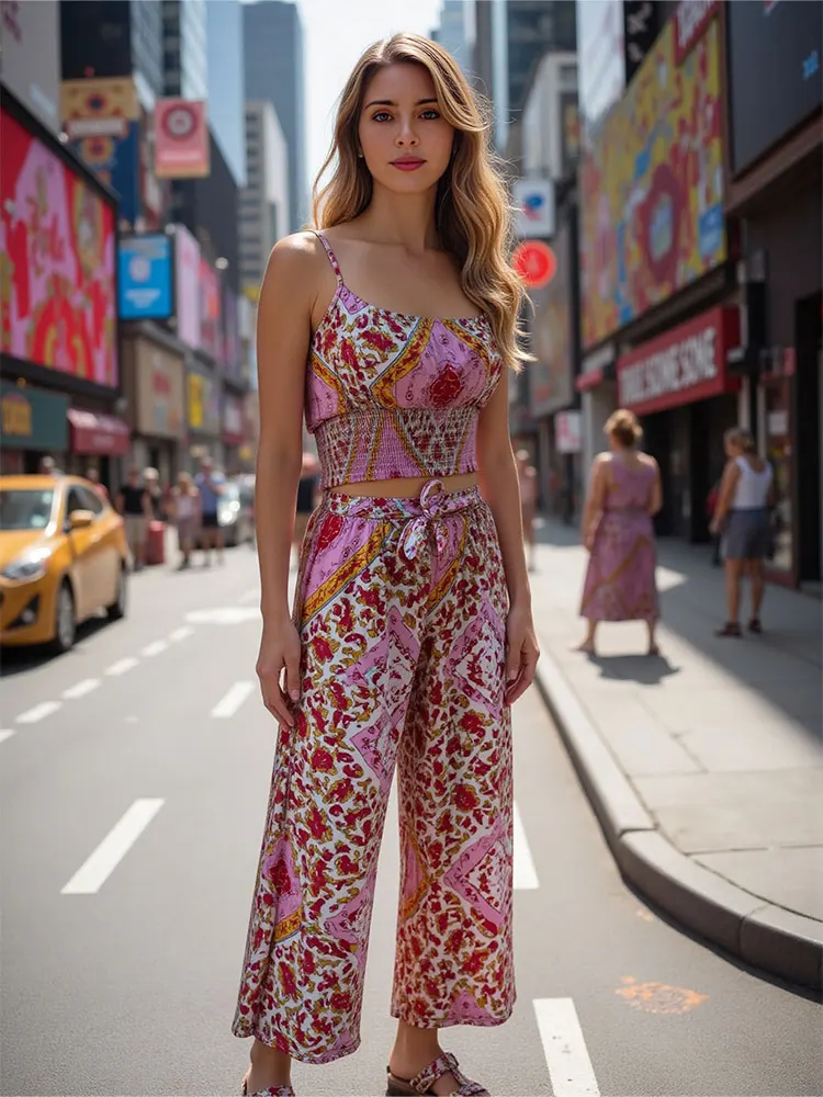 HH Women Fashion Print Pant Sets Sleeveless Strap Top Loose Casual Elastic Waist Trousers 2025 Summer Lady Bohemian Outfits