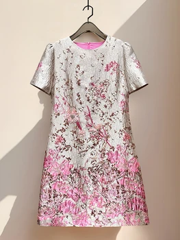 2026 Women Color Block Beaded Sequin A-Line Dress Short Sleeve Round Neck Slim Fit Elegant Summer Ladies Fashion Dress 1
