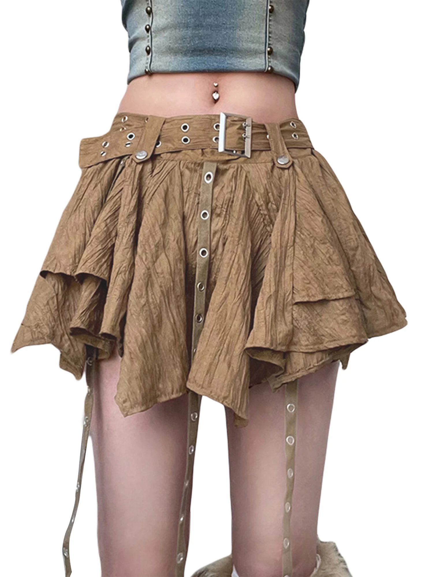 

Rteyno Women Y2K Skirt Solid Color Low Waist Irregular Hem Mini Skirts with Buckle Belt Summer Skirts Aesthetic Clubwear