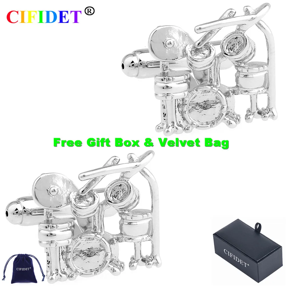 CIFIDET Silver Drum Set Cufflink Cute Romantic Shirt Cuff Link With Velvet Bag and Gift Box Jewelry Accessories Present for Men |