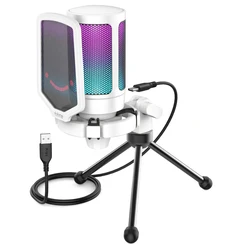 FIFINE USB Condenser Gaming Microphone with Pop Filter, Shock Mount & Gain Control (WHITE)