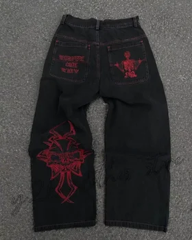 Vintage Jeans Y2K Clothes Men Women Gothic Hip Hop Pocket Embroidery Retro Blue Baggy Jeans High Waist Slim Fit Flare Trousers 1