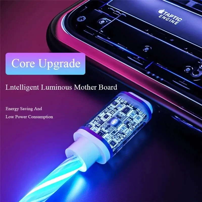 2m Type C Glowing Cable Mobile Phone Charging Cables LED Light Charger For Samsung Xiaomi iPhone Charge Wire Co