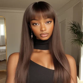 Parrucca per capelli umani al 100% diritta lunga marrone naturale elegante con frangia per le donne Parrucche giornaliere complete fatte a macchina per capelli brasiliani di Remy
