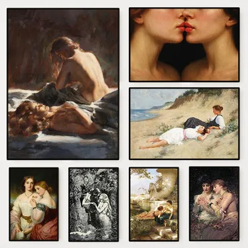 Poster lesbico classico vintage Coppia romantica Donna LGBT Pittura su tela antica WLW Arte della parete per soggiorno Decorazioni per la casa Regalo 1