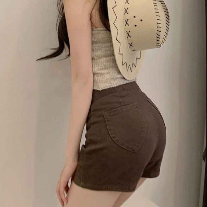 

European American Hot Style Women's Style High Waist Peach Hip Denim Shorts Summer 2023 New Slim Fit Bag Hip Sexy Y2K Solid Girl