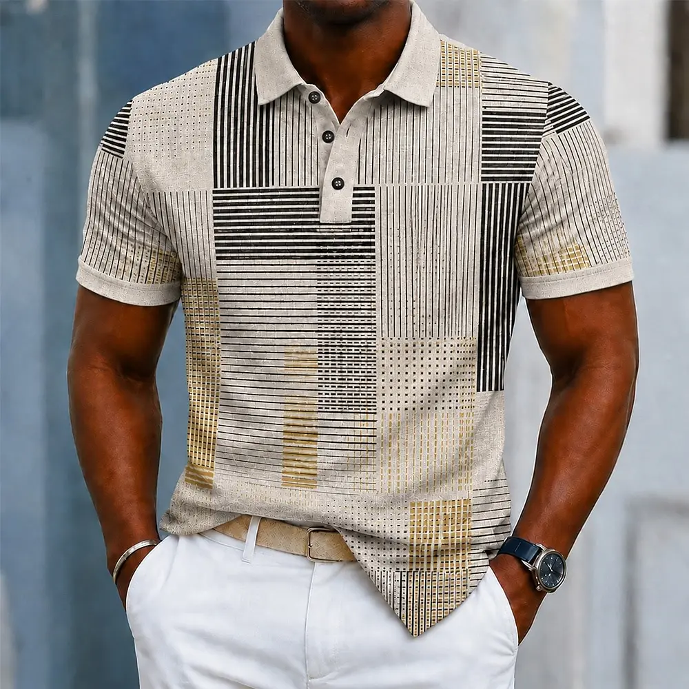 Polo da uomo beige con stampa a righe geometriche, top casual per streetwear primaverile ed estivo e occasioni smart casual