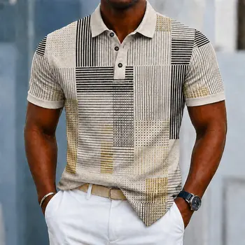 Polo da uomo beige con stampa a righe geometriche, top casual per streetwear primaverile ed estivo e occasioni smart casual
