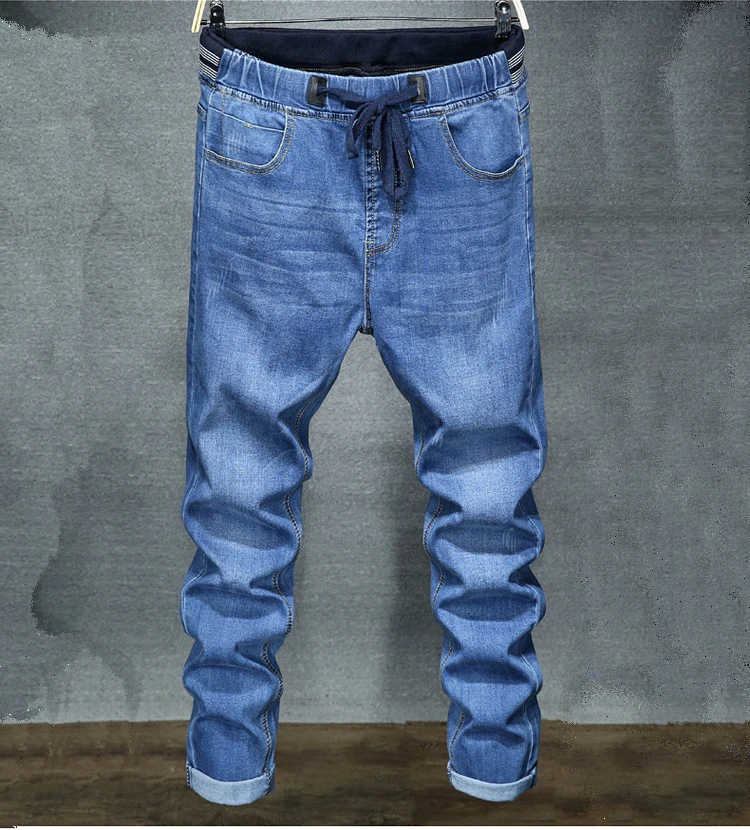 Pantalones vaqueros elásticos de cintura alta para hombre, Vaqueros rectos  con cordón de diseño, informales, 7XL
