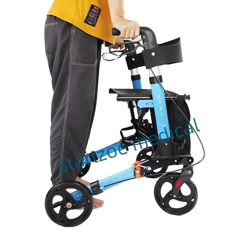 Four-legged Walking Assist Rollator Walker Aluminum Alloy Folding  Pulley Training Mobility Aid Small Wheelchair Walkers Rollato 3
