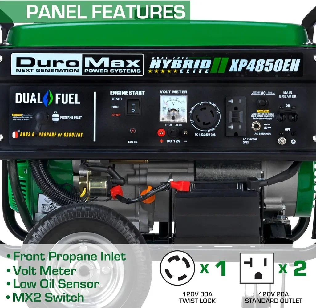 Dual Fuel Portable Generator-4850 Watt Gas or Propane Powered-Electric Start-Camping & RV Ready Green