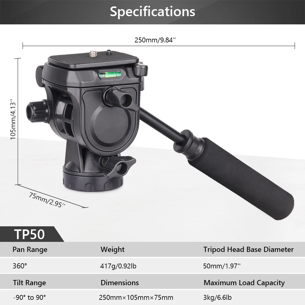 ARTCISE TP50 Video Damping Fluid Head with Detachable Handle and 1/4" Quick Release Plate for Stand Monopod Tripod Camera DSLR
